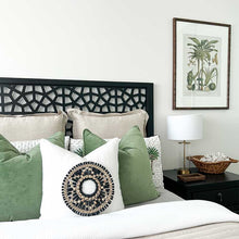 Load image into Gallery viewer, White cushion with black and natural seagrass cushion accessory. Ethnic and boho style cushions. Cushion covers 50x50
