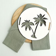 Load image into Gallery viewer, White and sage palm tree cushion will compliment your tropical interior. Timber palm cushion accessory
