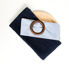 Load image into Gallery viewer, Blue and white coastal or Hamptons cushion. blue and white stripe sash with round timber buckle perfect for Hampton styling. Hamptons coastal style.
