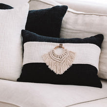 Load image into Gallery viewer, A beautiful black and cream cushion, featuring macrame detail. BLack Cushion covers 35x50 - Lumbar pillows
