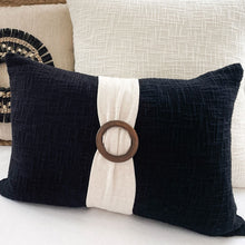 Load image into Gallery viewer, Black cushion with natural colour and timber buckle. 100% cotton lumbar black cushion. BLack Cushion covers 35x50 - Lumbar pillows
