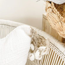 Load image into Gallery viewer, white cotton cushion with shell tassels. Perfect for coastal decorating in your coastal home. Coastal shell tassels
