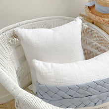 Load image into Gallery viewer, white cotton cushion with shell tassels. Perfect for coastal decorating in your coastal home. White  Cushion covers 50x50 
