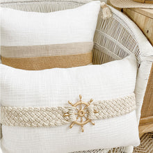 Load image into Gallery viewer, Nautical cushion featuring a sailors wheel, perfect for a coastal home. Great beachy pillows. 
