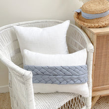 Load image into Gallery viewer, White cushion with blue plait wrap. Creating a Coastal, Hamptons, Cottage or Classic style home, this cushion will be the perfect accent piece. Size: 35 x 50cm 
