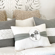 Load image into Gallery viewer, White and sage palm tree cushion will compliment your tropical interior. Palm cushions
