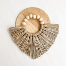 Load image into Gallery viewer, Cream Boho Lumbar Cushions with Seagrass Disk can be used as a feature piece in your boho style bedroom or in your Bohemian living room. Seagrass cushion accessory.
