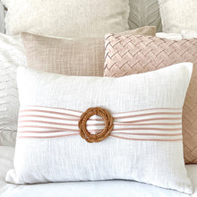 Load image into Gallery viewer, A classic style cushion in White and Pink with a Rattan Buckle cushion accessory. lumbar cushion. 35x50 size
