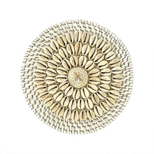 Load image into Gallery viewer, Coastal decorating rattan and shell disk which is perfect for a blue cushion or beachy pillows.
